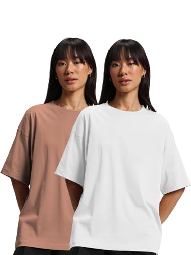 Image of JUNEBERRY Pure Cotton Drop Shoulder Oversized Baggy Fit Half Sleeve Plain Solid Round Neck Multicolor T-Shirt for Women & Girls (Pack of 2) (Sizes S-2XL)