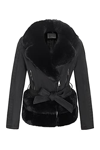 Geschallino Veste Longue en Faux Daim pour Femme avec Doublure en Polaire Hiver Chaude et col en Fourrure Amovible FF206 Noir L
