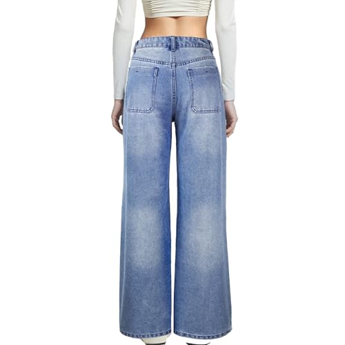 Baggy Mid Waisted Wide Leg Jeans for Woman Trendy, Inelastic Loose Fit Ripped Denim Jeans Distressed Denim Pants3