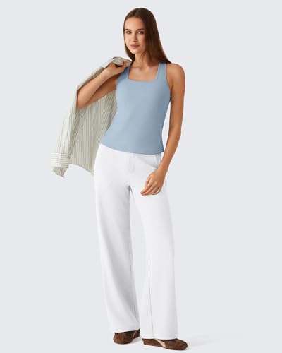 Image of G4Free Ribbed Removable Built in Bra Workout Tank Tops Woman Racerback Square Neck Yoga Top Lightweight Athletic Tanks