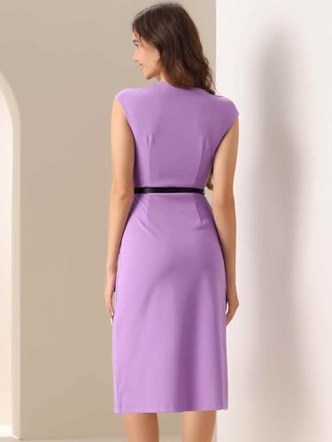 Image of Allegra K Business Dress for Women's Work Elegant 2026 Cap Sleeve Belted Office Sheath Dresses