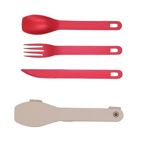 【燕三条製】選べる各4色 アルミカトラリーセット 携帯用ナイフ、フォーク、スプーンセット 樹脂ケース お弁当 キャンプ アウトドア マイカトラリー Made in Japan (ケース:ピンク, カトラリー:レッド)