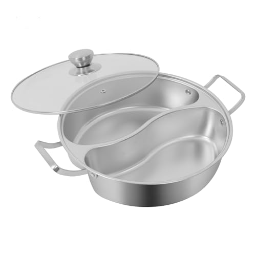 CNCEST Double-flavor Hot Pot, 5L/1.32Gal Hot Pot with Divider, Hots Pots with Clear Lid for Gas Hob, Induction Hob, Electric Ceramic Hobs For 5 Persons (13.4in)