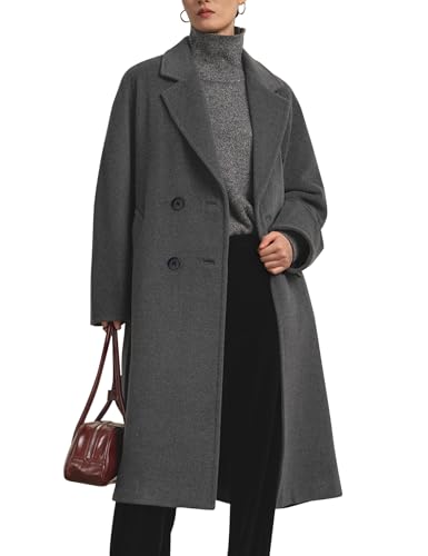 Flygo Womens Long Pea Coat Notch Lapel Double Breasted Trench Coat Fall Winter Overcoat Long Jacket(Grey-M)