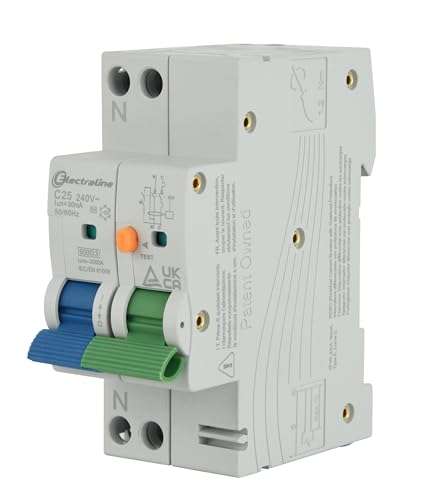 Electraline 87013 Differential Circuit Breaker (RCBO), 25A, Type A, Curve C, Sensitivity 30mA, 1P+N Connection,