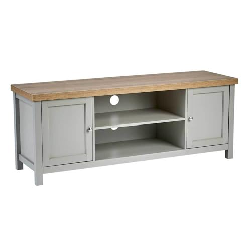 Home Source Oak TV Stand Two Tone Cabinet Television Unit Open Shelf Cable Tidy, MDF, Grey, 130cm