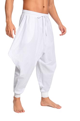 Men's Aladdin Hippie Harem Pants Loose Cotton Linen Drop Crotch Trousers Casual Baggy Elastic Waist Yoga Pants3