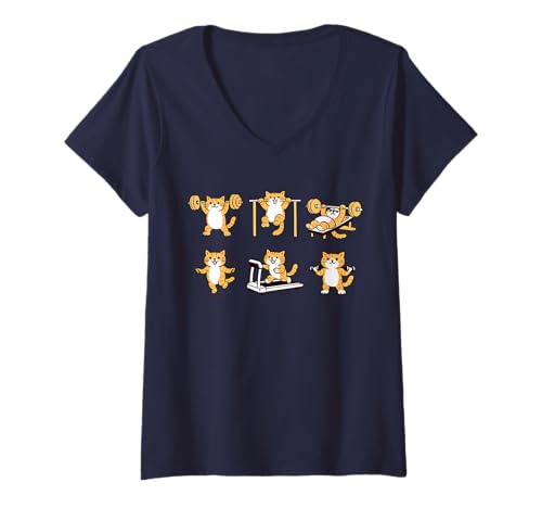 Women's Retro Weight Lifting Gym Cat Funny Workout Men Women V-Neck T-Shirt