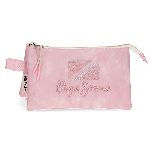 Pepe Jeans Holi Pink Polyester Triple Pencil Case, Pink, Triple case, 22x12x5 cm