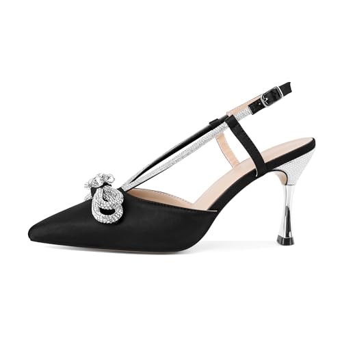 Zamikoo Rhinestone Bow Heels for Women Slingback Pointed Toe High Heels 3.5 Inches4