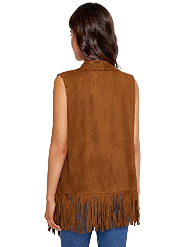 Soly Hux Women's Fringe Trim Sleeveless Lapel Open Front Vest Jacket Cardigan Camel M #TOP3