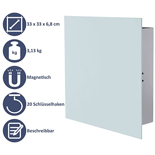 BALOU Schlüsselkasten modern mit Glas Magnettafel - Memoboard magnetisch mit 6 Magneten und Stift - Schlüsselschrank groß mit 20 Haken 33x33x6,8cm milchglas Weiss