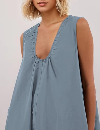 Image of Women Sleeveless Ruched Maxi Dress Scoop Neck Long Elegant Dresses Wide Shoulder Strap Blouse Dress with Side Pockets
