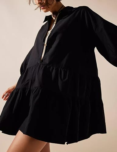 Image of Mingzhu Womens Summer Tiered Puff Sleeve Shirtdress Flowy A-line Babydoll Mini Dress
