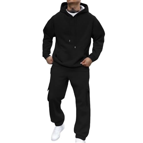 Conjunto De Chándal De Hombre Anchos Cómodo Sudaderas Con Capucha Y Pantalones Transpirable Color Sólido Fitness Trajes Deportivos Ligero Gimnasio Chándales Manga Larga Casual Set Tracksuit, 01 negro