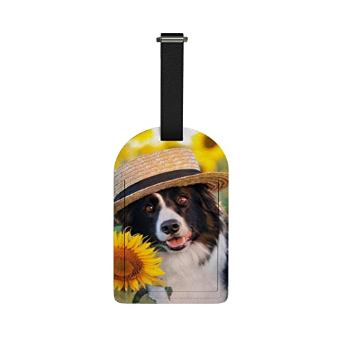 XOLLAR Luggage Tags Border Collie Dog Sunflower Name ID Identifier Labels for Suitcase Travel Bag Leather Privacy Cover Baggage Tag 1 Piece, One Size