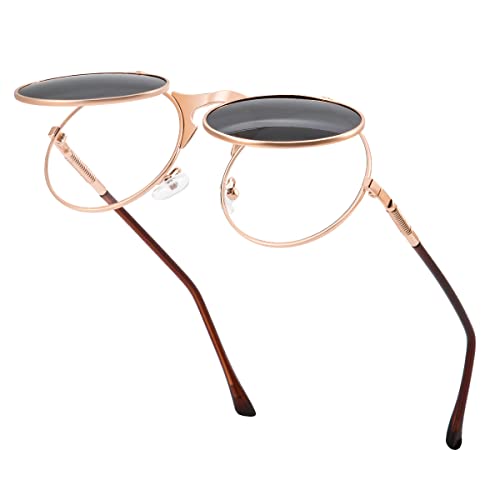GYsnail Make the world clear Round Flip Up Sunglasses for Men, Cute Steampunk Shades with Double Lenses, Hippie Style (Rose gold)