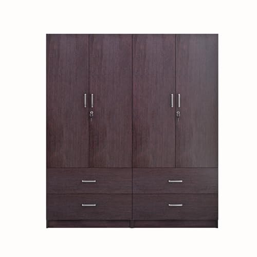 Image of VIKI Wardrobe |Wooden Almirah for 4 Door 4 Drawer with Shelves & Hanging Space Wardrobe (Dark Wenge - 40D x 160W x 180.8H) | 1 Year Warranty | Free Assembly