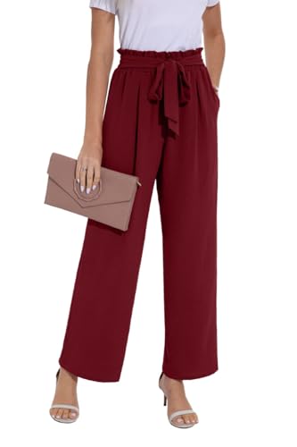 PrinStory Sommerhose Damen Leicht Weitem Bein Damen Hose Mit Taschen Elegante Palazzo Hose Mit Gürtelel (Weinrot, XXL)