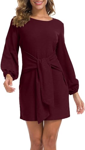 PCEAIIH Women's Elegant Long Lantern Sleeve Short Dress Crewneck Tie Waist Knit Cocktail Dress M Red
