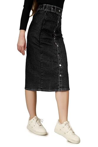 Image of Western Straight Stylish Comfortable Long Two Button Up Slit Dobby Denim Skirt for Women & Girls