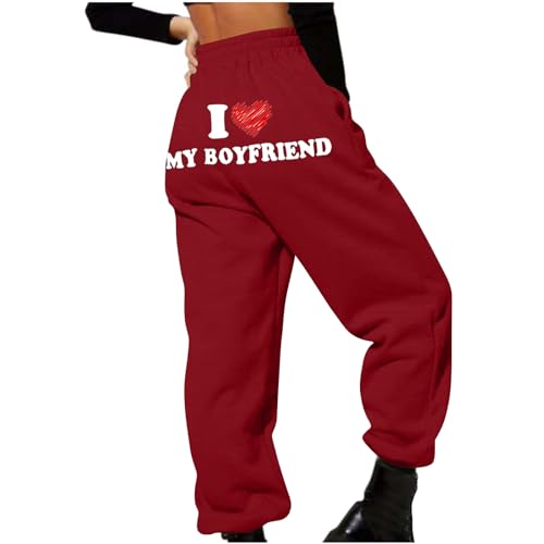 LUSHAasd Warehouse Deals Clearance Women's Sport Jogger Trousers Valentines Day Sweatpants with Pockets Tracksuit Bottoms High Waist Baggy Elastic Waist Trouser for Ladies Running Fitness Wine