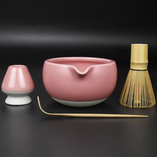 Artcome Kit complet de cérémonie du thé matcha - Bol, fouet, porte-fouet, cuillère à thé - pour Usucha, koicha, matcha latte (rose)