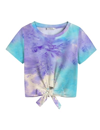 Image of Arshiner Girls Short Sleeve Shirts Tie Knot Front Tops T Shirts for Kids Crewneck Cute Casual Tie Dye Tee Blouse