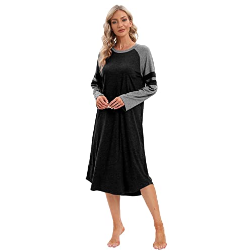 Etosell Women's Nightgown Novelty Sleepshirts O Neck Long Sleeve Sleep Shirt Loose Comfy Pajama Sleepwear S-Xxl Black #TOP21