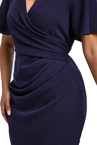 Image of Women's Wrap V Neck Asymmetrical Hem Midi Ruched Cocktail Evening Dress | Back Zipper, Regular Fit, Club Night, Semi Office Formal, Wedding Dinner Date, Flutter Short Sleeve