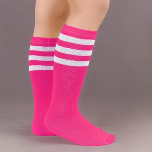 Image of Zando Toddler Soccer Socks Boys Girls Knee High Striped Tube Socks Kids School Uniform Dress Socks Athletic Long Socks, Light Purple & Pink White, 6-9 Years
