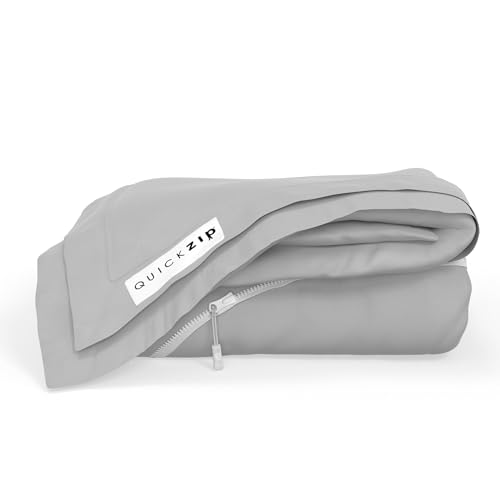 Image of QuickZip Fitted Plus Spare Bundle: 1 Fitted Sheet (Base + Zip Sheet) & 1 Zip Sheet - Easy to Change, Won't Pop Off - Soft Percale 400 TC 100% Cotton - 15 inch Deep Pockets RV King Size - Misty Gray