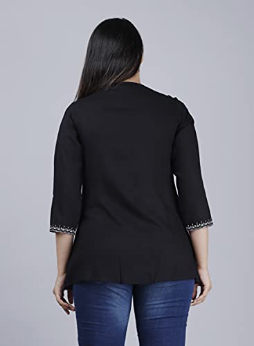 Image of Women's Rayon Regular Kurti (Small, Black Front PRINTEX-03)