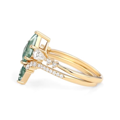 Center 1.5 Carat Kite Cut Moss Agate Wedding Ring Sets for Women 2pcs Moissanite Bridal Sets 10K 14K 18K Gold Platinum Plated Natural Moss Agate Ring4