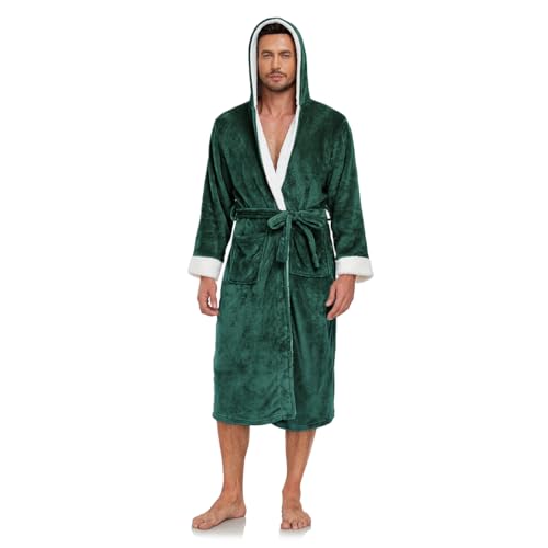 RONGTAI Hooded Mens Bathrobe, Soft Plush Long Fleece Robe, Full Length, Comfy Nightdress