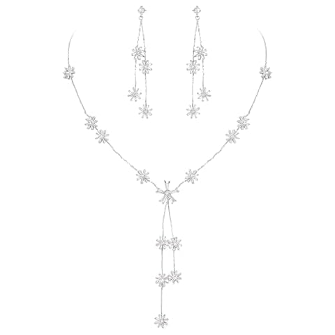 Crysdue Snowflake Jewelry Set for Women, Silver Plated Sparkling Marquise Cubic Zirconia Cluster Y-Necklace Flower Drop Dangle Earrings Set for Wedding Prom Party Cocktail Cover