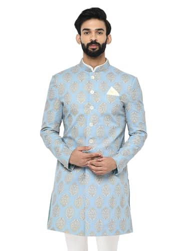 Men's Sherwani Set with Churidar – Printed Pure Cotton Ethnic Set with Mandarin Collar – Indian Wedding & Festive Wear with Churidar for Diwali, Eid & Celebrations, Sky-Blue, 382