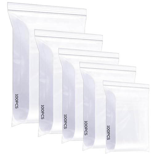 Cozary 500 Stück Druckverschlussbeutel, 5 Größen Plastikbeutel Verschließbar Transparent Klein Zip Beutel, Kunststoffbeutel,Reißverschluss Tütchen,Lebensmittelbeutel