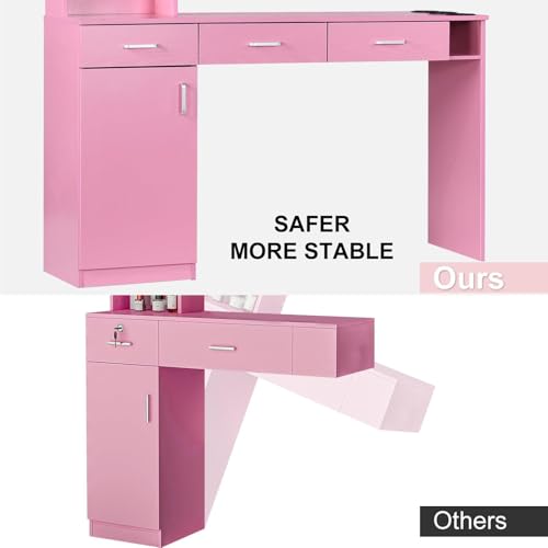 4ever2buy Barber Station for Hair Stylist, Salon Wall Station with Barber Cabinet, Hair Stations Equipment Hair Dryer Holder, Drawers (Pink)