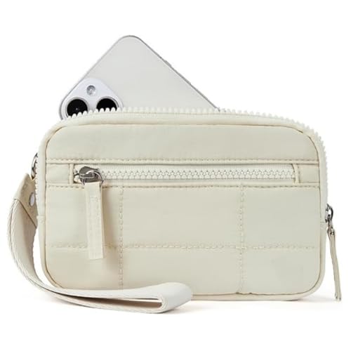 Wristlet Wallets for Women Nylon Quilted RFID Wallet with Zippered,Hand Strap, Large (Beige,17 * 3 * 10cm)