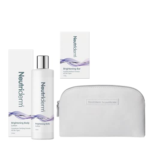 Neutriderm Brightening Pack - Brightening Body Lotion, Brightening Bar Soap + Cosmetic Pouch for Dark Spots, Fine Lines & Uneven Skin Tone (Pack of 2)