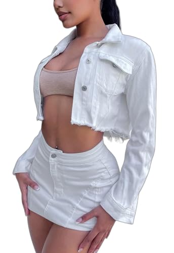 TodTan Womens Cropped Jean Denim Jackets - Distressed Frayed Hem Button Down Long Sleeve Casual Jacket Coat