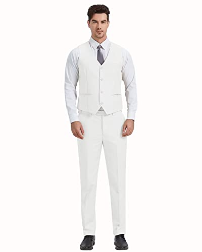 Men's Slim Fit 3 Pieces Suit, 2 Buttons Ivory White Blazer Vest Pants With Tie Set, Business Wedding Tuxedo L #TOP4