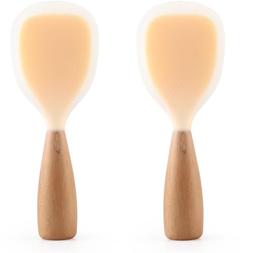 2 Pack Silicone Rice Paddle Spoon with Wood Handle, Nonstick Standing Rice Cooker Spatula Kitchen Tool, Clear