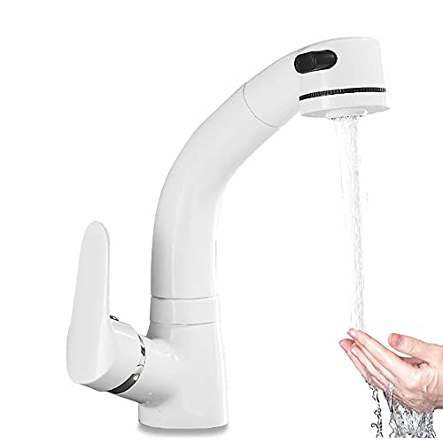 Escamotable Robinet cuisine blanc avec douchette robinet lavabo Mitigeur Évier Robinet d'eau chaude et froide robinet lavabo laiton 2 Jets d’eau Haute Plage de Rotation à 360°