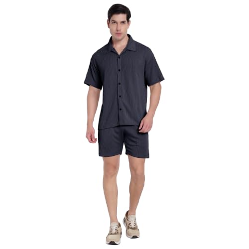 matelco Men's Casual Short Sleeve Shirt and Shorts Co-ord Set, Beige Ribbed Loungewear-picture-43