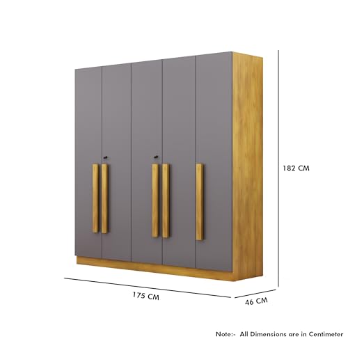 Image of Bniture 5 Door Wardrobe for Bedroom with Lockable Door & Hanging Space | Almirah for Clothes with Elevated Bottom Base | Wardrobe for Storage | 3 Years Warranty (Giant Wood & Slate Grey, 5 Door)