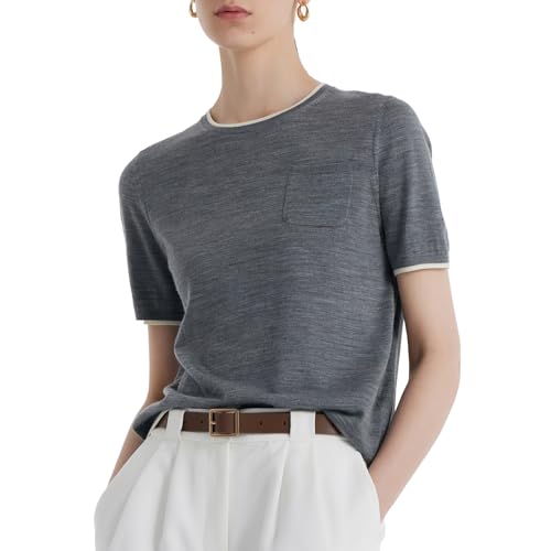 100% Pure Wool Cute Womens Sweaters Trendy Crew Neck Short Sleeve Front Pocket Loose Fit Knit Pullover Going Out Tops2