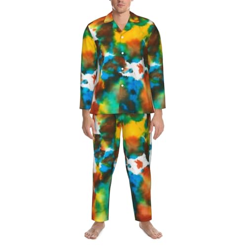 Colorful Tie Dye Green Drops Pattern Mens Pajamas Set Button Down Sleepwear Set Long Sleeve Loungewear With Pockets