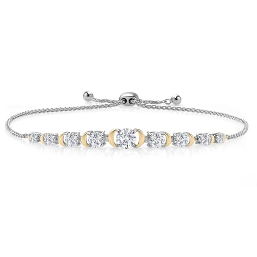 Gem Stone King 1.70 Cttw Round Lab Grown Diamond Graduated Bracelet For Women | 925 Silver and 10K Yellow Gold | DEF Color | VVS-VS Clarity | Adjustable Bolo Bracelet | Easy-On Easy-Off